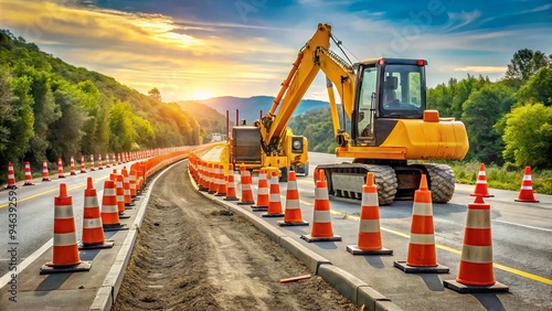 Yellow excavator and orange cones line a freshly paved asphalt highway, surrounded by stacked barricades and warning signs, during a daytime road construction project.