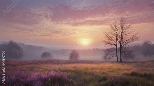 A serene landscape painting depicting a tranquil lake at sunset, with a lone tree silhouetted against a fiery sky and purple wildflowers blooming along the shore..
