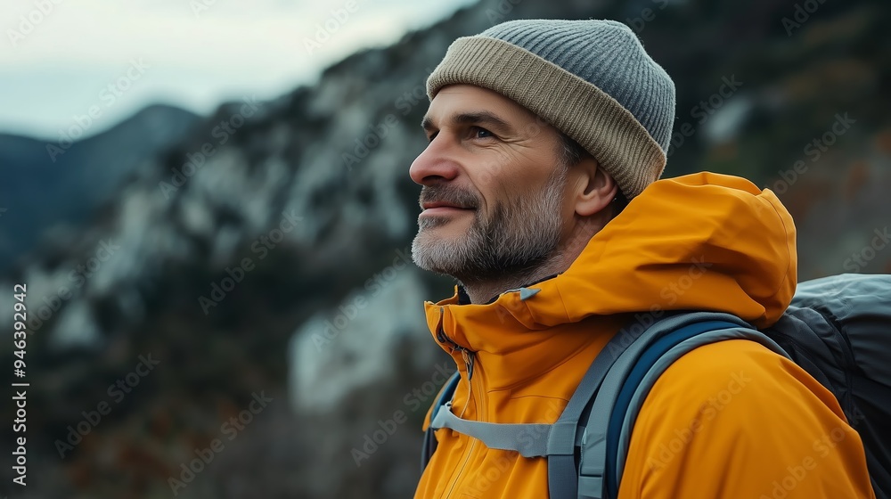 A man wearing an orange jacket and gray beanie gazes thoughtfully at the mountains during a cloudy day in nature A man wearing an orange jacket and gray beanie gazes thoughtfully at the mountains during a cloudy day in nature