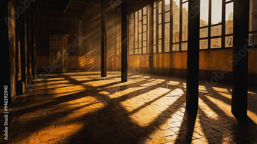 Sunlight streams through a wooden door, illuminating a dusty, sunlit room with a warm, golden glow.