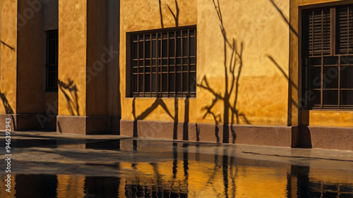 A stark contrast between a sun-drenched yellow wall, barred windows, and the stark silhouettes of bare branches reflected in a puddle.