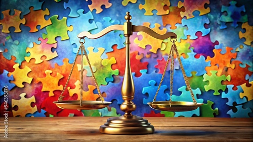 A balanced scale hovering above a diverse group of interconnected puzzle pieces, symbolizing harmony, justice, and unity in a vibrant, modern, and abstract composition. photo