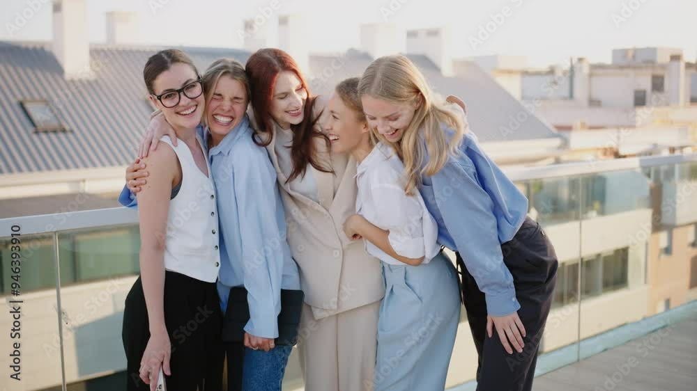 Five diverse young women are fostering camaraderie and collaboration in a lively business meeting at a modern coworking space, promoting empowerment, teamwork, and inspiring their community Five diverse young women are fostering camaraderie and collaboration in a lively business meeting at a modern coworking space, promoting empowerment, teamwork, and inspiring their community
