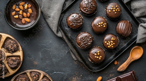 Decadent Small Chocolate Cakes - Tempting Sweet Dessert in Top View Flat Lay Composition