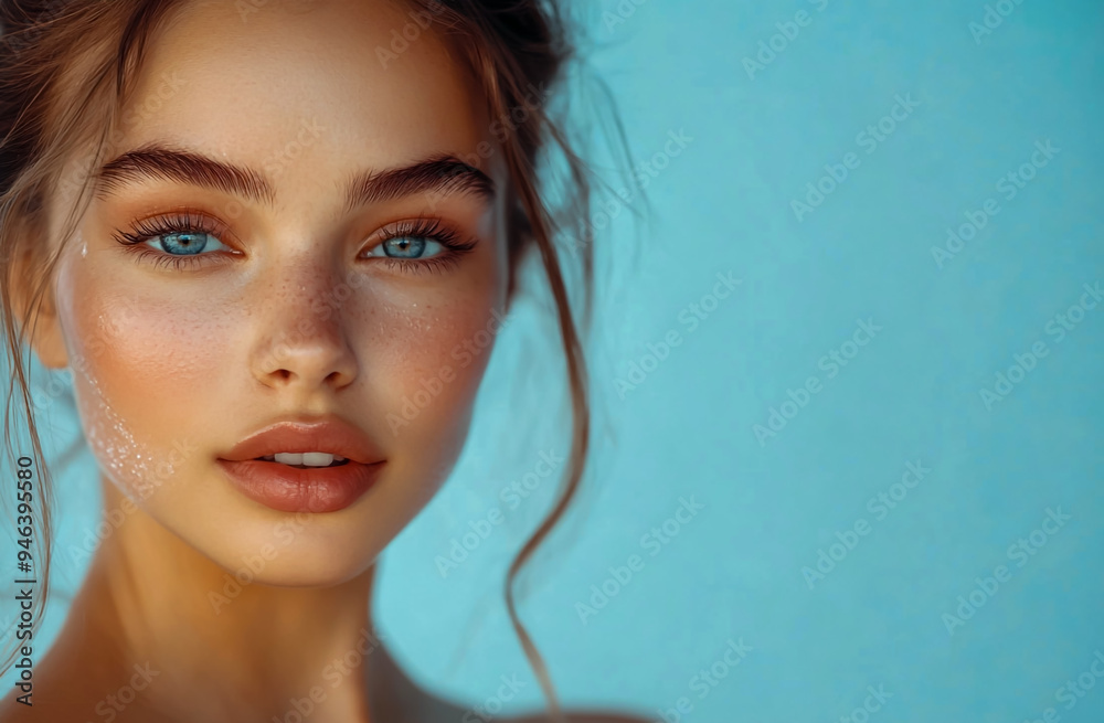 Beautiful woman with clean, fresh skin, isolated on a light blue background