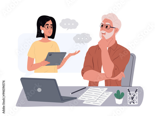 Professional Psychotherapy online. Elderly man talking to psychologist on the screen. Specialist talking, counseling, helping patient online. Vector illustration in flat style
