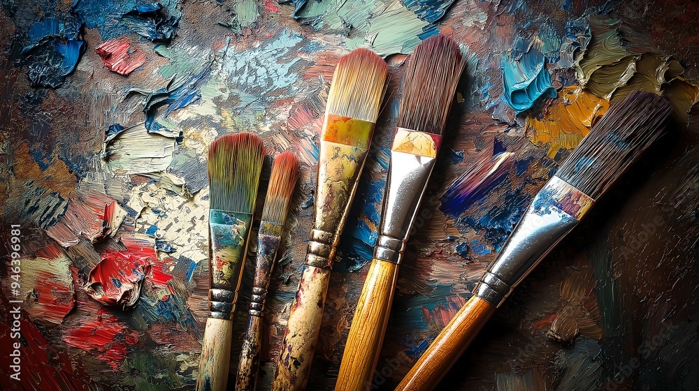Fototapeta premium Close-Up of Colorful Paintbrushes with Vibrant Oil Paints Creating Dynamic Strokes, Showcasing Artistic Creativity and Expression, Perfect for Painting-Themed Posters, Backgrounds, and Banners