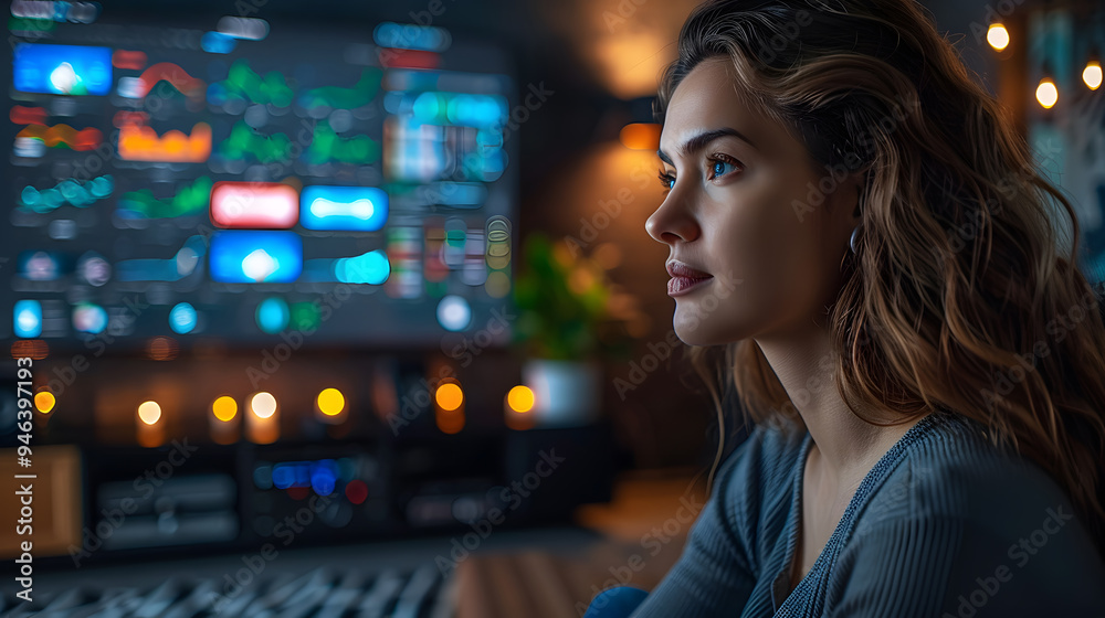 A woman with long hair focused on a digital screen displaying data and graphs in a dimly lit, modern workspace environment A woman with long hair focused on a digital screen displaying data and graphs in a dimly lit, modern workspace environment