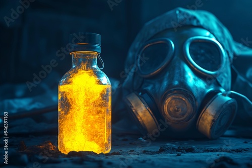 luminous chemical bottle in front of bio hazard gas mask on dark background photo