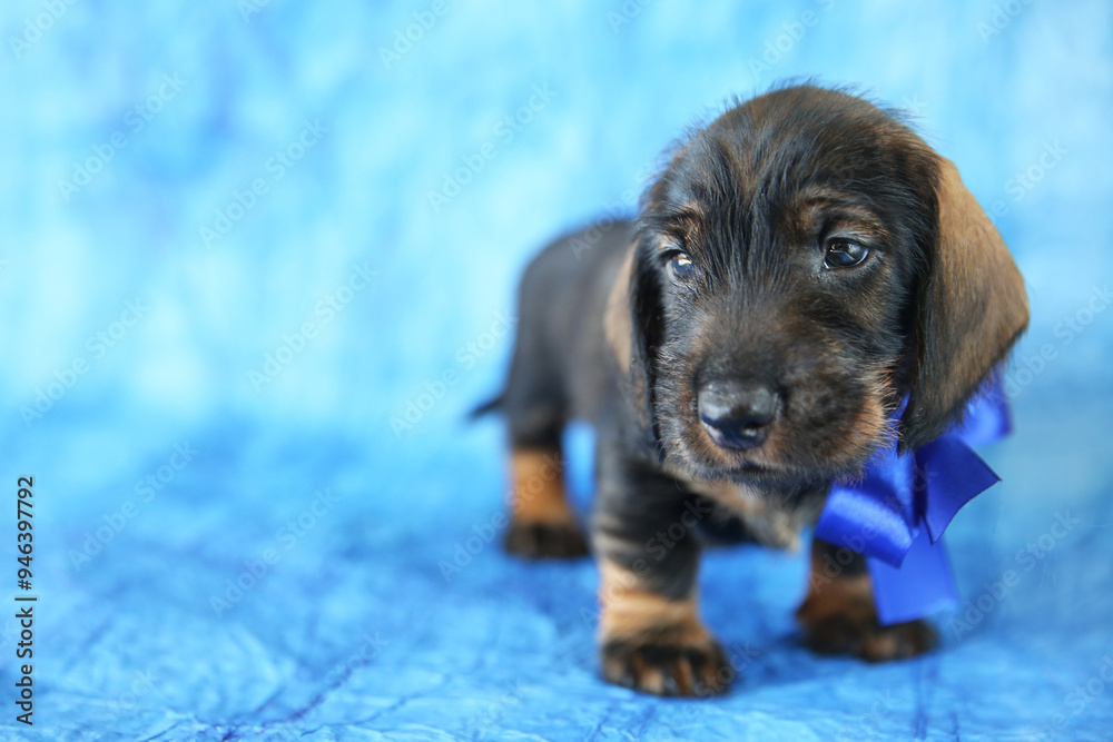 A puppy of the long-haired dachshund breed on a blue background, age 1 month A puppy of the long-haired dachshund breed on a blue background, age 1 month