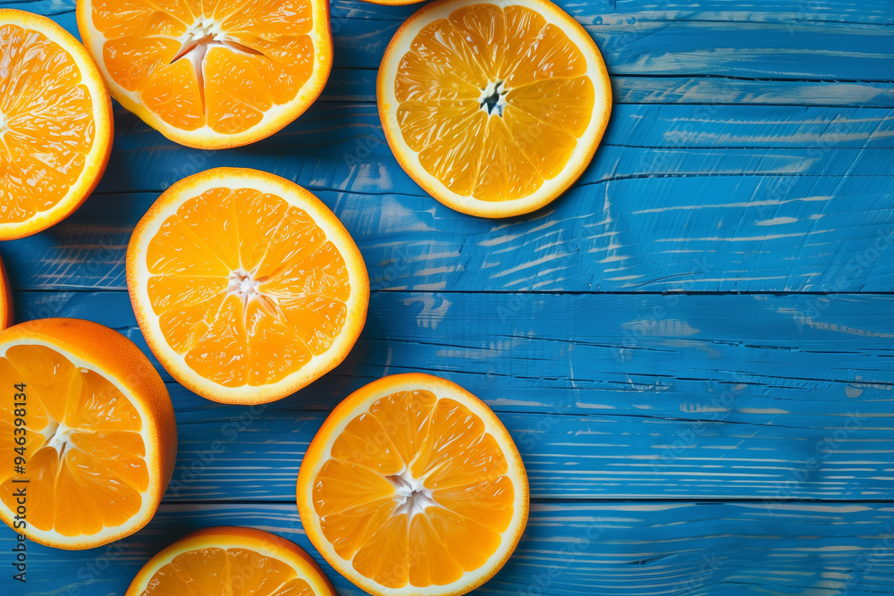 Oranges on blue wooden background. Oranges on blue wooden background.