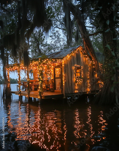 Fishing camp in a bayou decorated with Christmas lights 