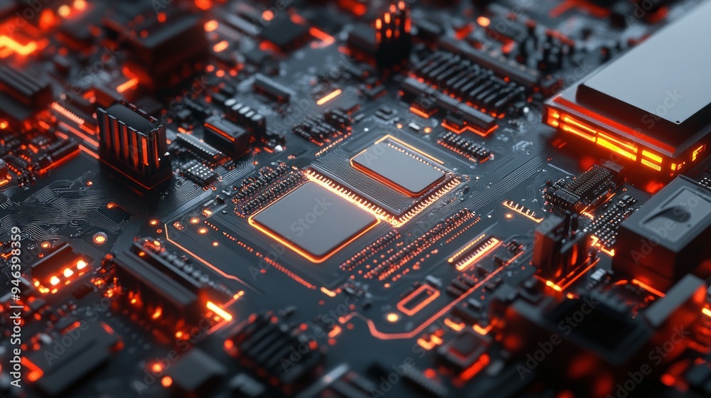 Glowing Red Circuit Board with Integrated Chips Glowing Red Circuit Board with Integrated Chips