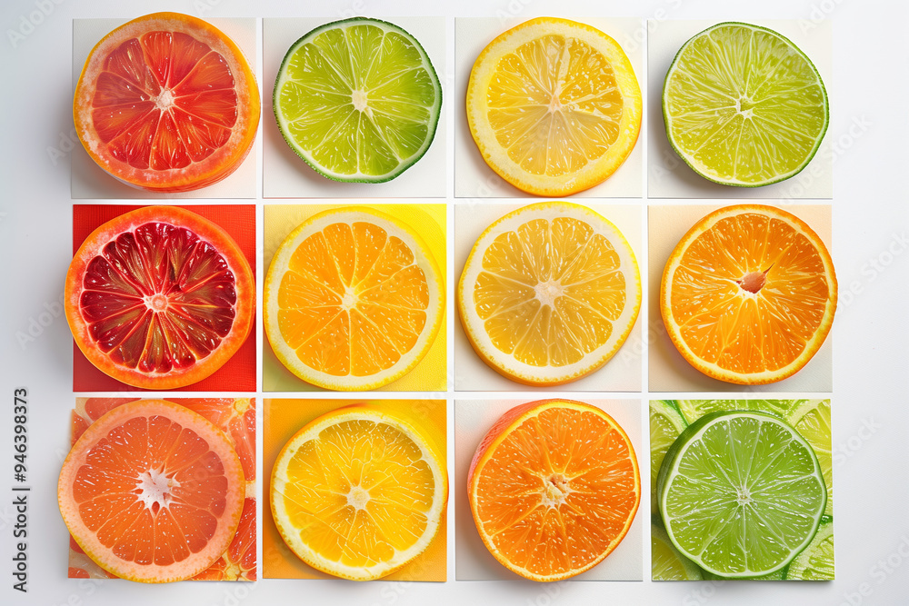 Fototapeta premium Citrus slices in squares on a white background.