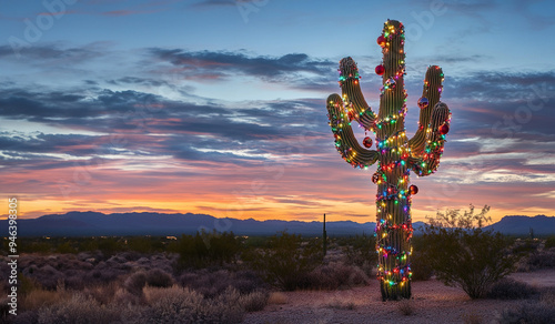 Saguaro cactus in the desert decorated with Christmas lights and ornaments with sunset sky 