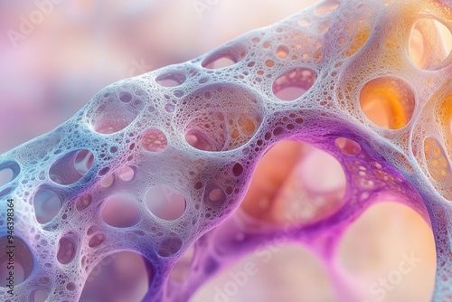 microscopic wonderland intricate artificial tissue scaffold delicate cellular structures organic patterns soft pastel hues merging of science and abstract art biomaterial innovation visualized photo