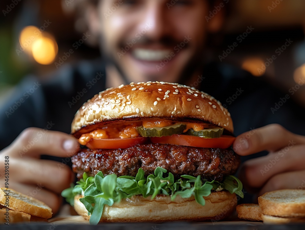 man taking a bite from a juicy Beyond Meat burger. : Generative AI man taking a bite from a juicy Beyond Meat burger. : Generative AI