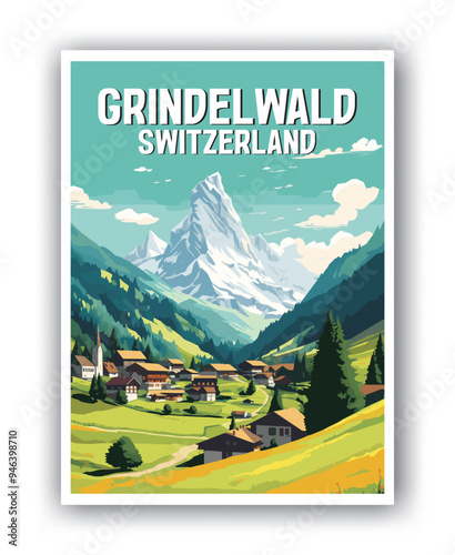 Grindel Wald, Switzerland Illustration Art. Travel Poster Wall Art. Minimalist Vector art