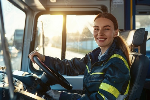 Professional female bus driver at work