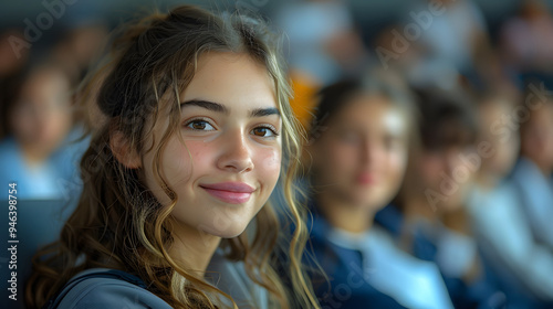Portrait of a smiling teenage girl with long curly hair in a classroom setting, with blurred classmates in the background