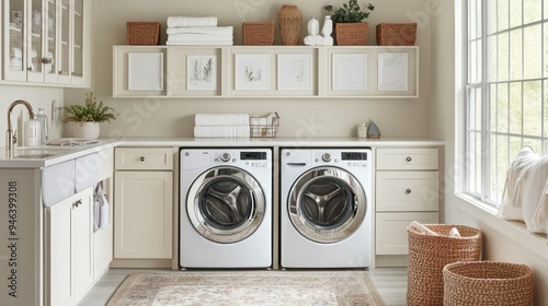 A Modern Laundry Room with White Cabinets and Stainless Steel Appliances