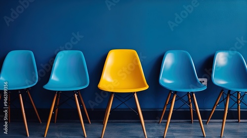 Embrace Simplicity: A Single Yellow Chair Amidst Blue Chairs - Perfect for Sporty Interior Decor Posters Highlighting Color Symmetry and Modern Design!