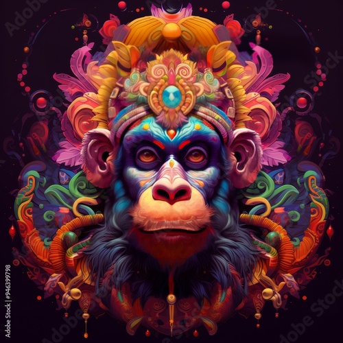 Wallpaper Mural A vibrant, artistic representation of a monkey's face adorned with intricate patterns and colors. Torontodigital.ca