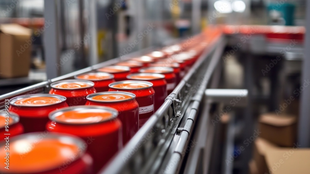 Red Cans on a Conveyor Belt in a Factory Red Cans on a Conveyor Belt in a Factory