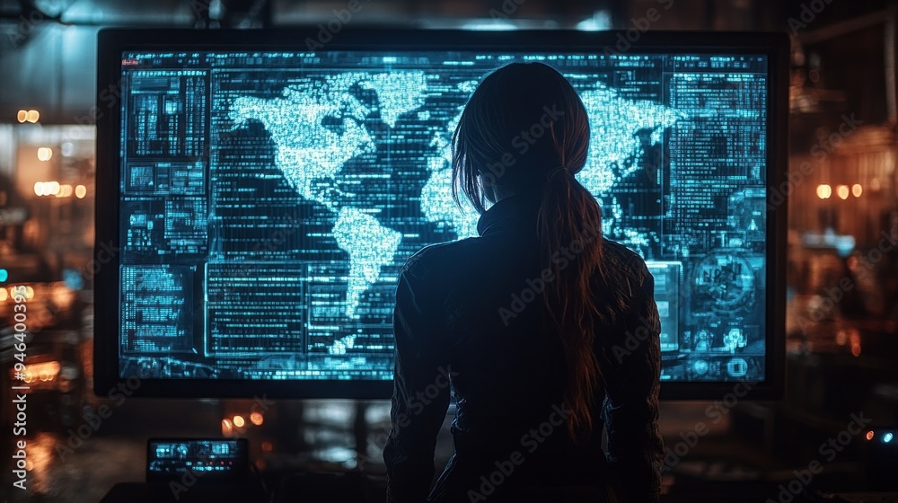 Woman Looking at a World Map on a Computer Screen Woman Looking at a World Map on a Computer Screen