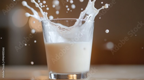 A close-up of milk splashing as it hits the surface of a full glass.