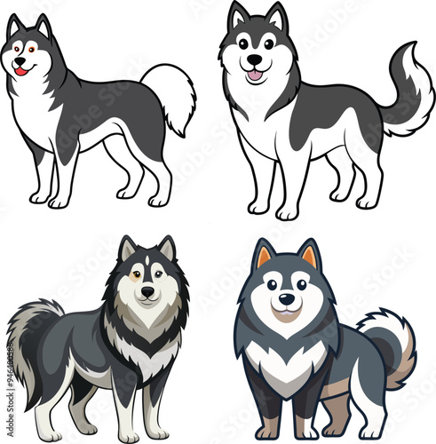 Alaskan Malamute Dog  Vector, Clipart Set,  easy to edit and multiple uses. 