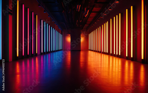 A modern corridor illuminated by vibrant neon lights, showcasing an abstract blend of colors and reflections on the floor.