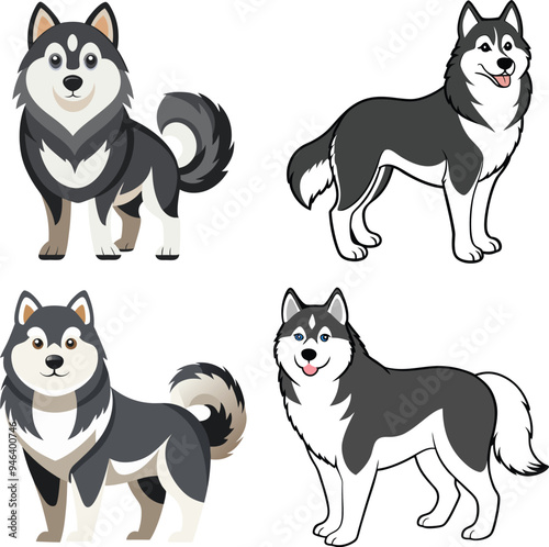 Alaskan Malamute Dog  Vector, Clipart Set,  easy to edit and multiple uses. 