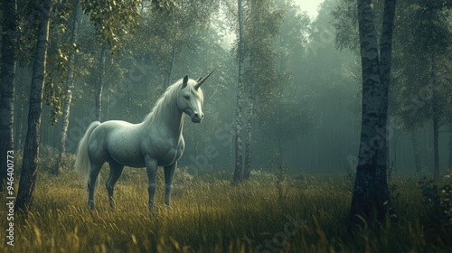 A White Unicorn Standing in a Misty Forest Clearing