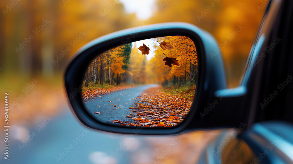 A serene autumn scene reflected in a car mirror, showcasing vibrant leaves and a peaceful road surrounded by nature. A serene autumn scene reflected in a car mirror, showcasing vibrant leaves and a peaceful road surrounded by nature.