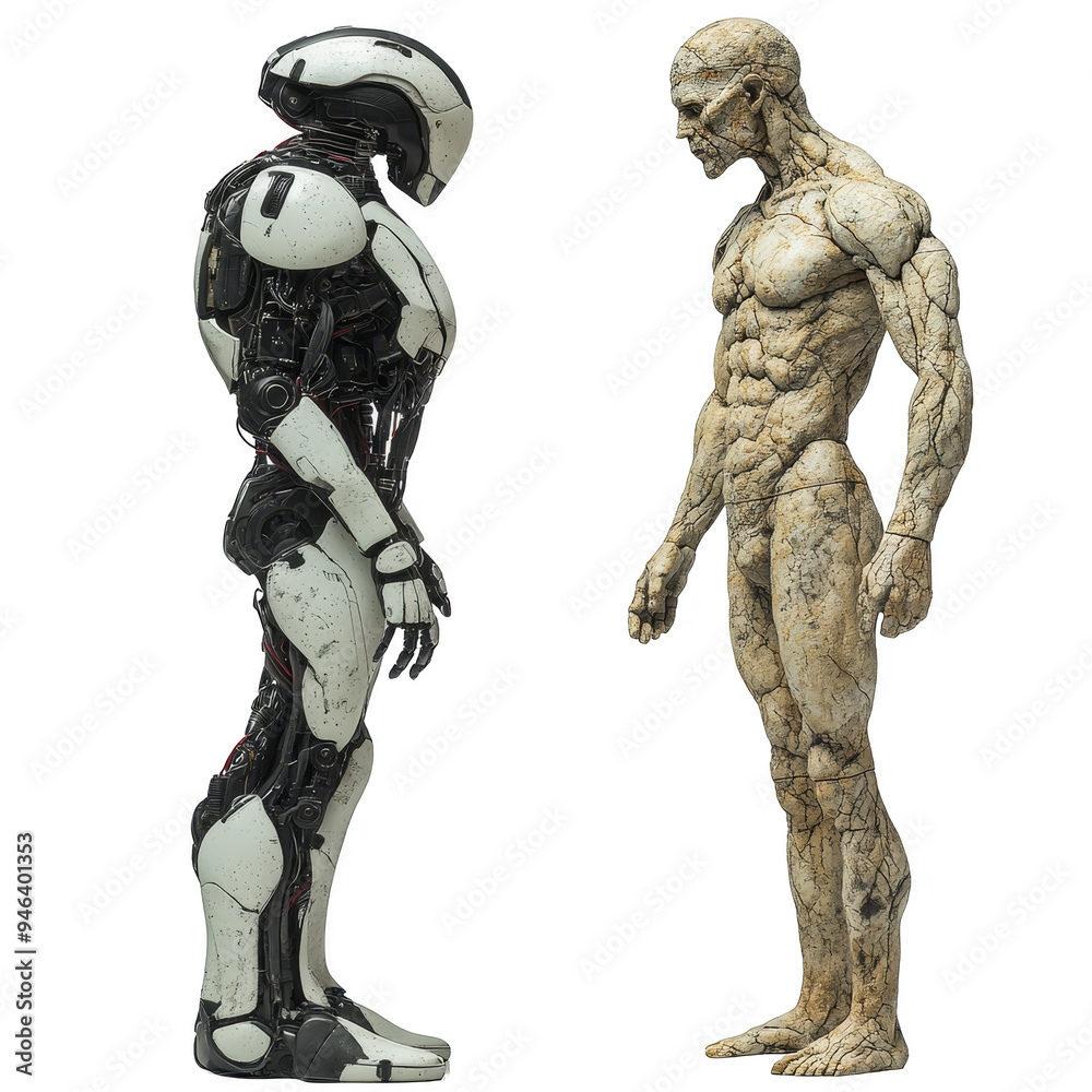 Robot and Neolithic man 3D illustration facing each other technology versus primal concept transparent background Robot and Neolithic man 3D illustration facing each other technology versus primal concept transparent background