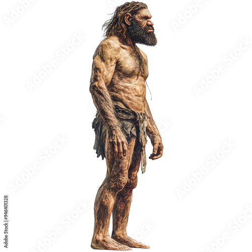 Neanderthal human full-body 3D illustration standing posture prehistoric concept transparent background