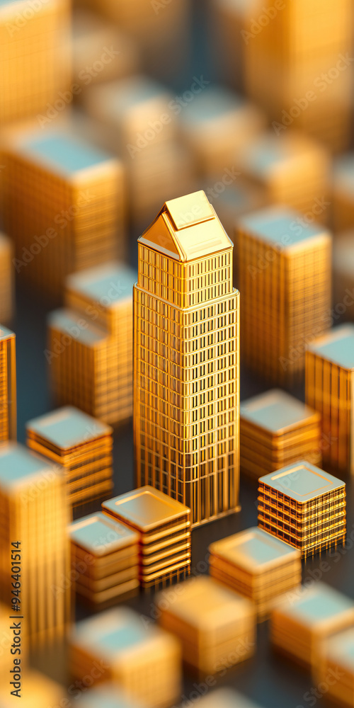 A stunning close-up of a miniature golden skyscraper among small buildings, showcasing urban architecture and design. A stunning close-up of a miniature golden skyscraper among small buildings, showcasing urban architecture and design.