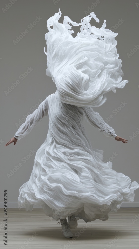 Whirling dancer in white dress creates a mesmerizing swirl in an artistic studio space Whirling dancer in white dress creates a mesmerizing swirl in an artistic studio space