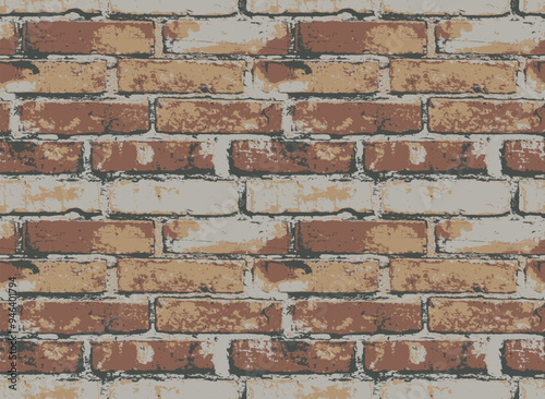 Seamless pattern with old worn brick wall. A grunge-style vector texture with horizontal brown brickwork. The repeating background is suitable for wallpaper, wrapping paper, textiles