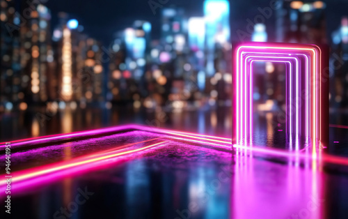 A vibrant neon cityscape featuring glowing lines and illuminated arches, creating a futuristic atmosphere at night. photo