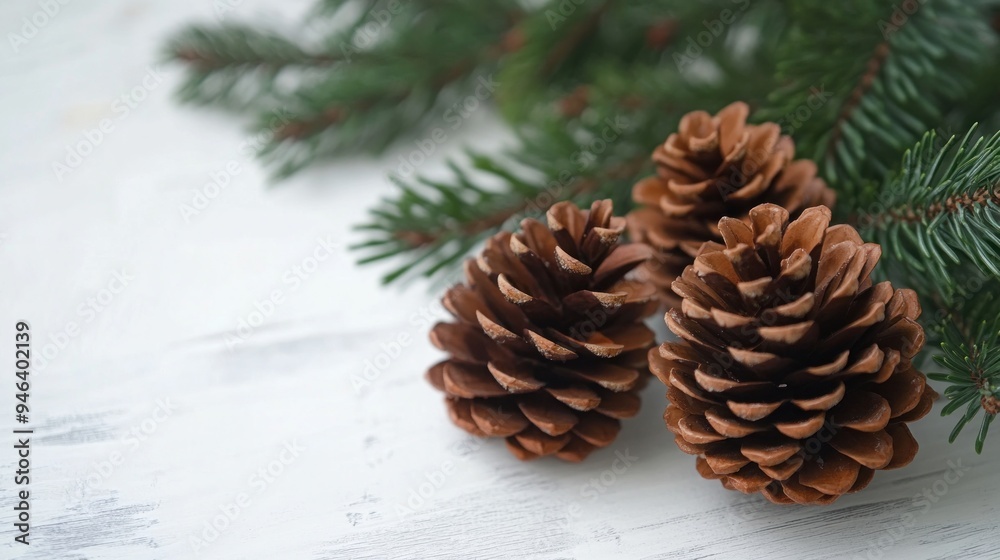 Pine Cones and Sprigs on White Wooden Background Pine Cones and Sprigs on White Wooden Background