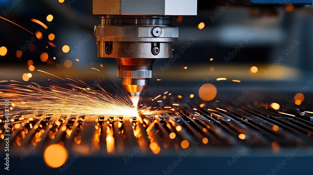 Close-up of a laser cutting metal, capturing intense sparks and precision. High-quality image for industrial and engineering use. Close-up of a laser cutting metal, capturing intense sparks and precision. High-quality image for industrial and engineering use.