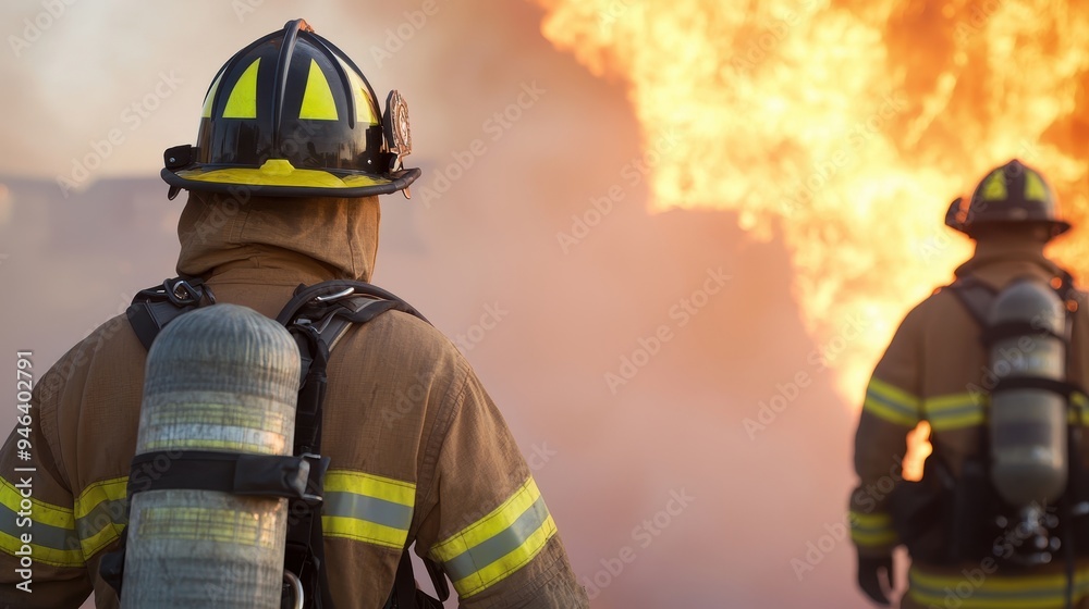 Fototapeta premium Two firefighters in full protective gear confronting a massive blaze, demonstrating bravery and emergency response during a fire.