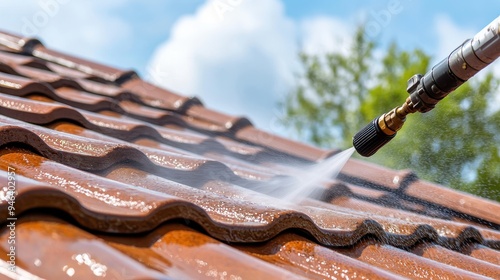 Close-up of a pressure washer cleaning red roof tiles, removing dirt and debris, emphasizing home maintenance and care.