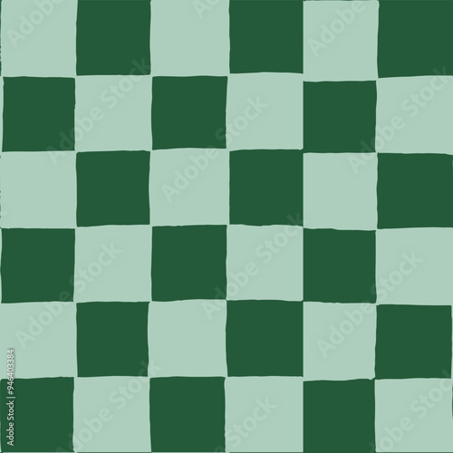 Seamless vector repeating pattern with hand drawn checkerboard in forest and sage mint green. St Patricks day, Christmas, gardening background in tonal greens.