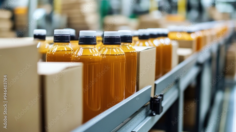 Bottles of Liquid on a Conveyor Belt in a Factory Bottles of Liquid on a Conveyor Belt in a Factory