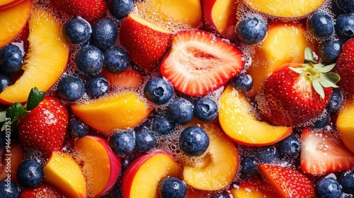 Close-up of Sliced Strawberries, Peaches, and Blueberries in a Liquid