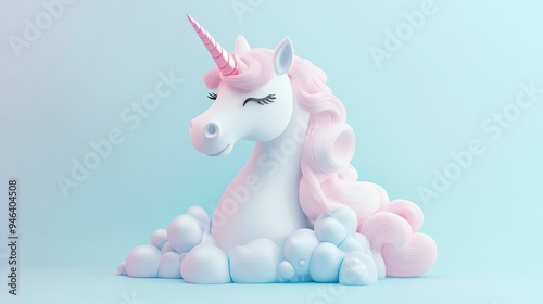 A 3D Rendering of a White Unicorn with Pink Hair Resting on Blue and Pink Clouds