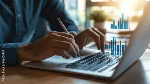 Close-up of a graph showing steady business growth over time, with hands typing on a laptop